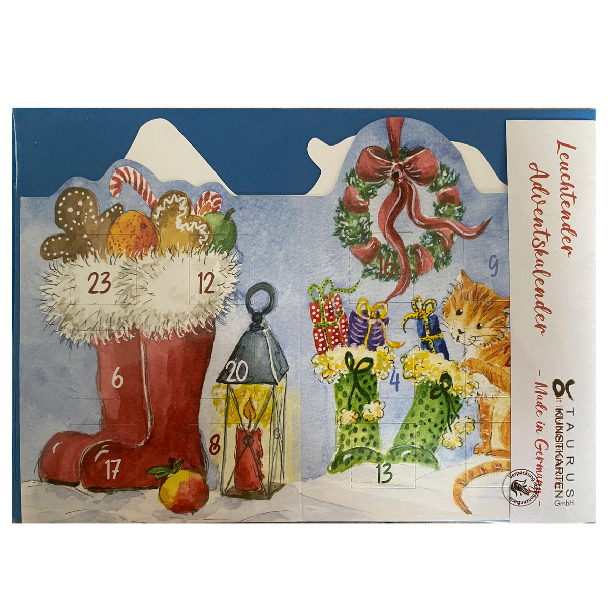 Adventskalenderkarte mit Umschlag &quot;Leuchtender Adventskalender - Katze und Stiefel&quot;